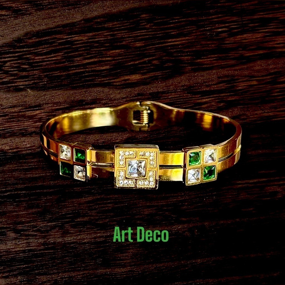 - Art Deco Simulated Emerald & Diamond Cuff Bracelet~14K Yellow Gold Plate